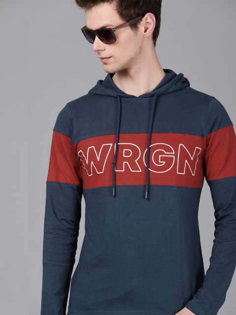 

WROGN Men Navy Blue Printed Hooded T-shirt