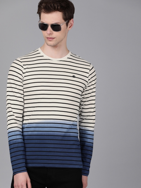 

WROGN Men White & Blue Striped Round Neck Dyed T-shirt