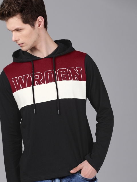 

WROGN Men Black Striped Slim Fit Hooded T-shirt