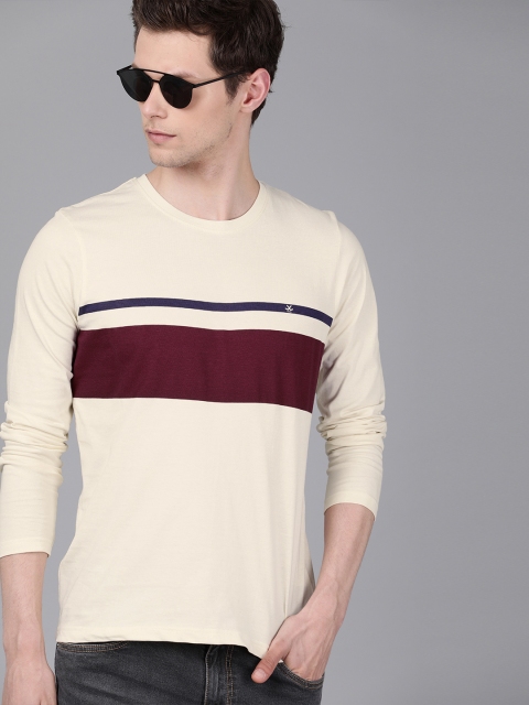 

WROGN Men Cream-Coloured & Maroon Striped Round Neck T-shirt