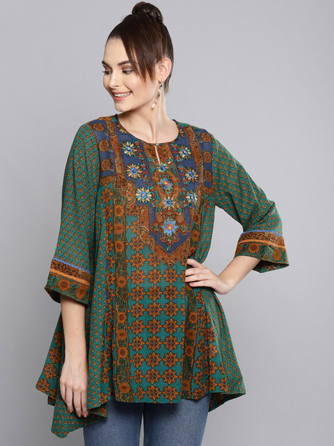 

Ritu Kumar Women Green & Brown Printed A-Line Kurti