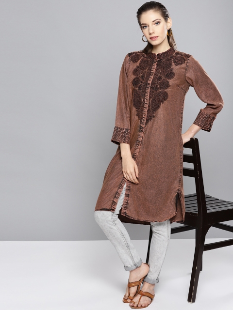 

Ritu Kumar Women Brown Yoke Design Denim Kurta with Washed Effect