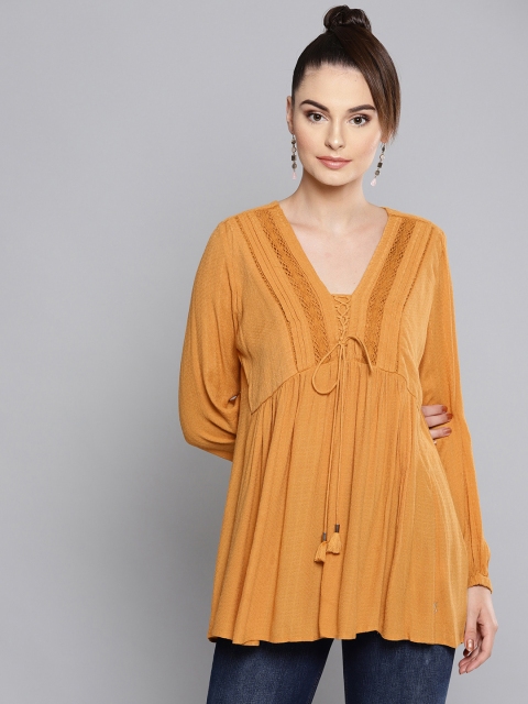 

Ritu Kumar Women Mustard Yellow Self-Design A-Line Kurti