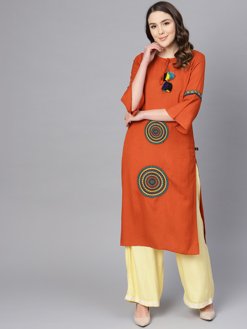 

clorals Women Rust Orange Embroidered Straight Kurta