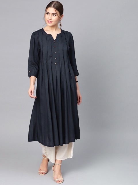 

clorals Women Navy Blue Pleated Solid Straight Kurta