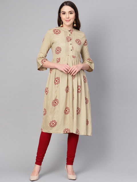 

clorals Women Beige & Maroon Printed A-Line Kurta