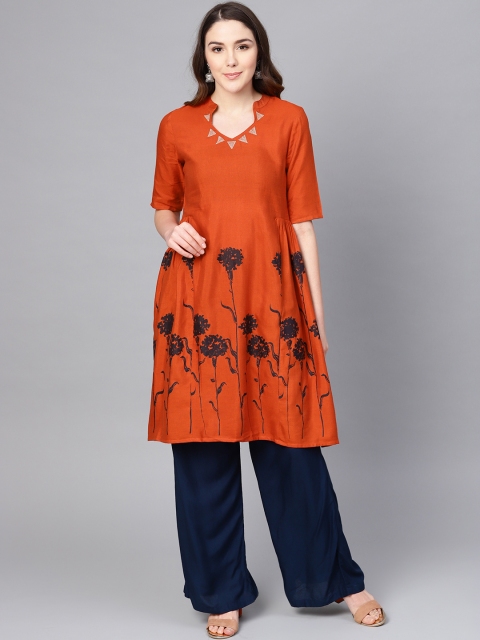 

clorals Women Rust Orange & Black Floral Printed A-Line Kurta