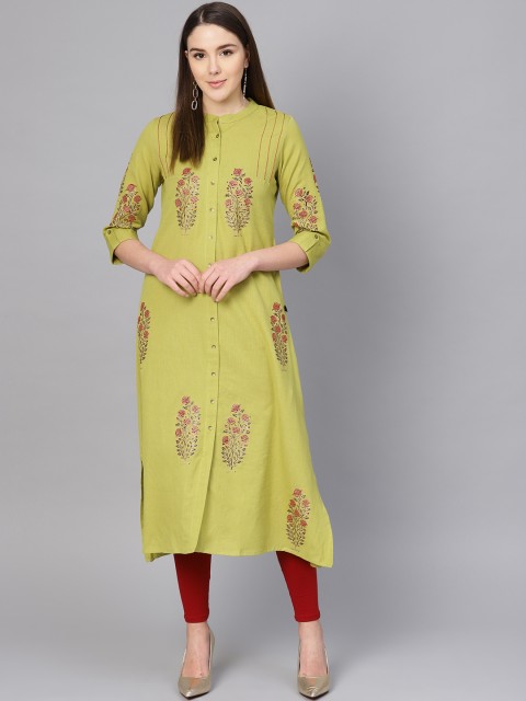 

clorals Women Green & Maroon Block Printed A-Line Kurta