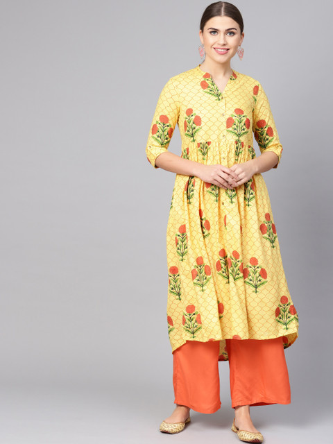 

clorals Women Yellow & Orange Block Printed A-Line Kurta