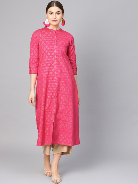 

clorals Women Fuchsia & Golden Printed A-Line Kurta