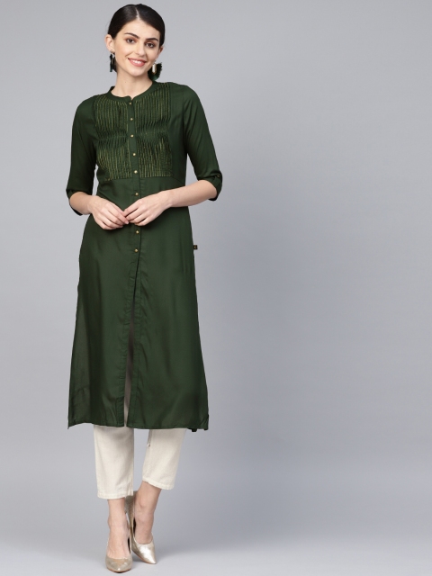 

clorals Women Green Pleated Yoke Straight Kurta