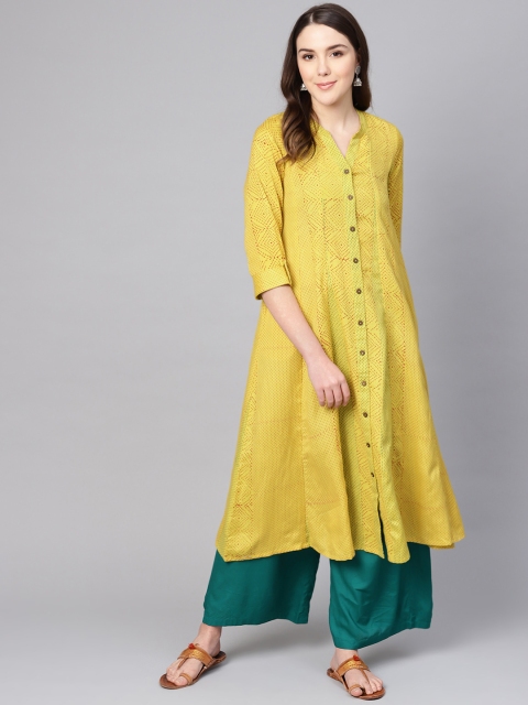 

clorals Women Yellow & Red Block Printed A-Line Kurta