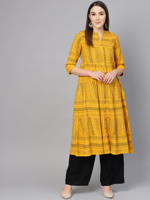 

clorals Women Yellow & Black Block Print A-Line Kurta