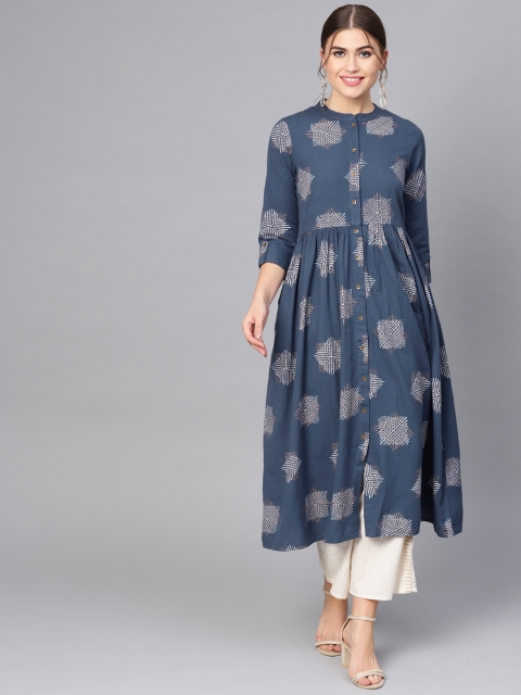 

clorals Women Navy Blue & Off-White Block Print A-Line Kurta