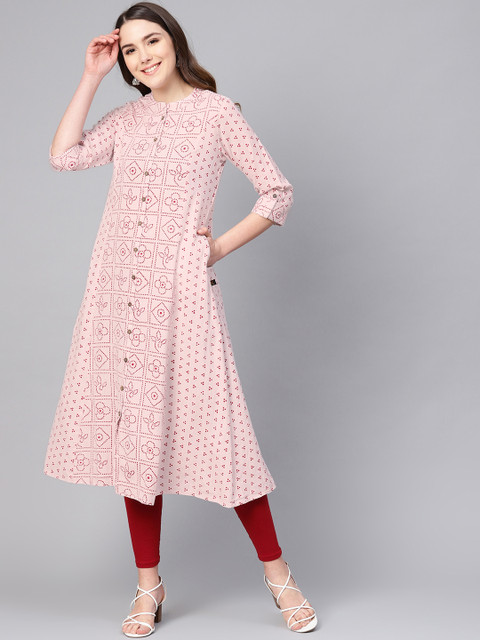 

clorals Women Pink & Red Block Print A-Line Kurta