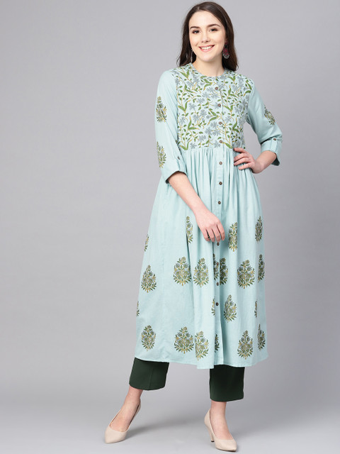 

clorals Women Blue & Green Block Printed A-Line Kurta