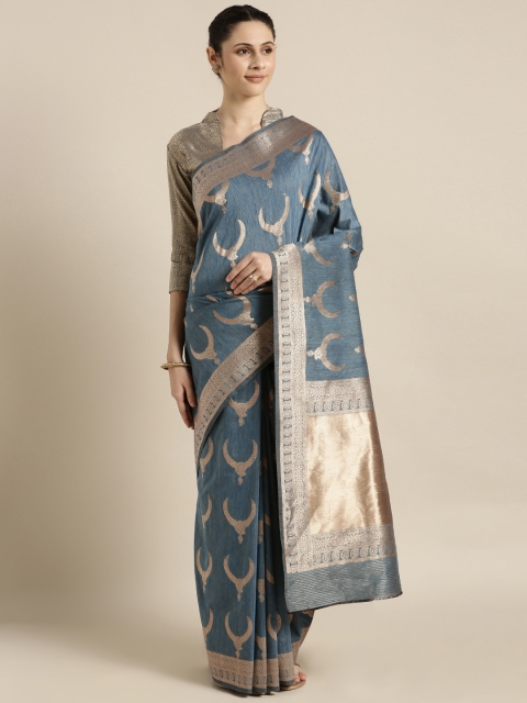 

Shaily Blue & Gold-Toned Pure Silk Woven Design Saree