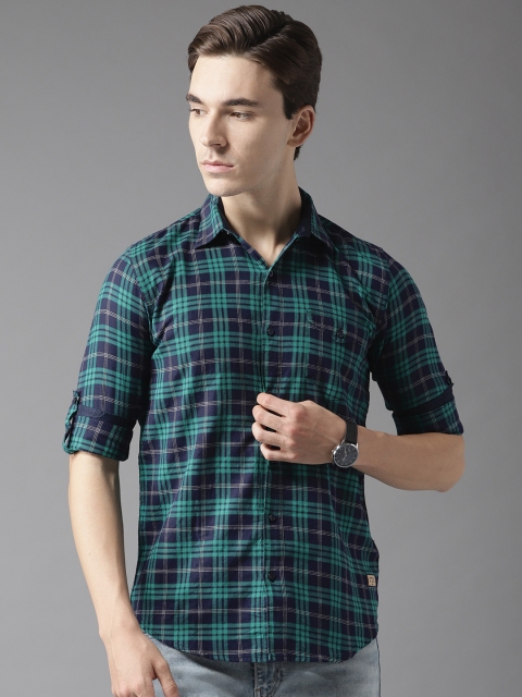 

DENNISON Men Green & Navy Blue Slim Fit Checked Casual Shirt