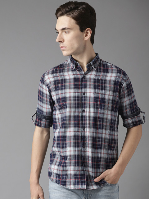 

DENNISON Men Navy Blue & Off-White Slim Fit Checked Casual Shirt