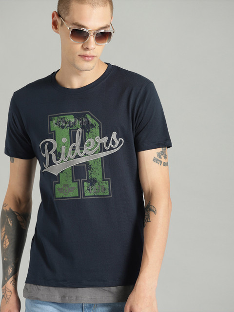 

Roadster Men Navy Blue Printed Round Neck T-shirt