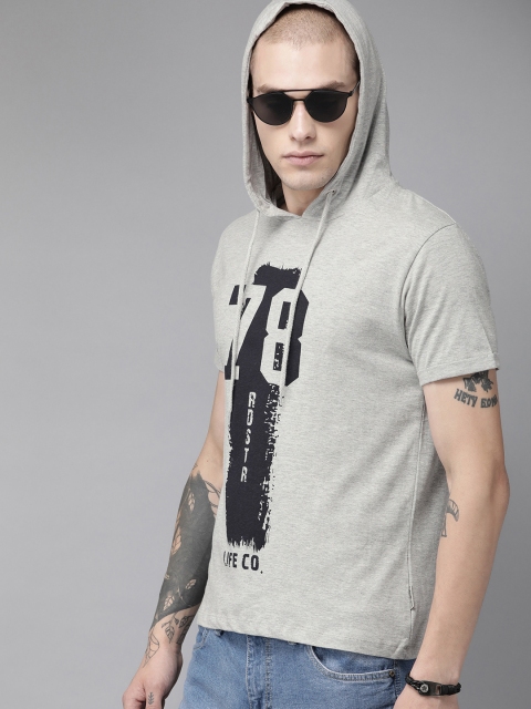 

Roadster Men Grey Melange Printed Hooded T-shirt