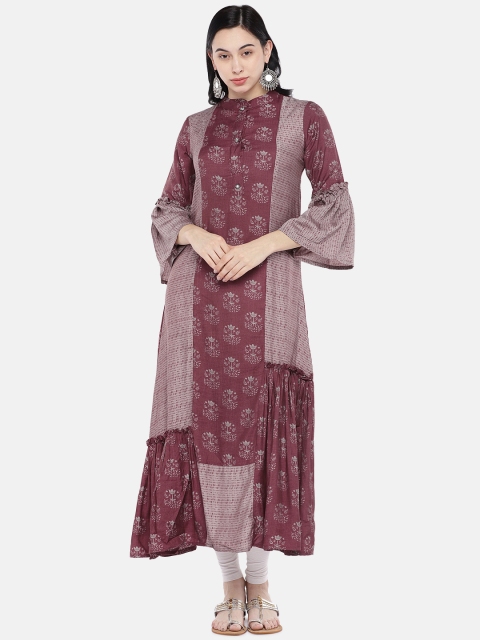 

shiloh Women Maroon & Bronze-Toned Printed A-Line Kurta