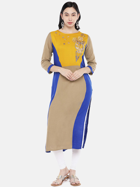 

shiloh Women Yellow & Blue Embroidered Straight Kurta