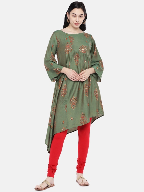 

shiloh Women Green & Red Printed Asymmetric Anarkali Kurta