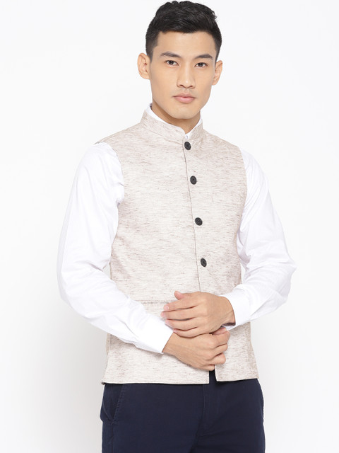 

Vastraa Fusion Men Beige Woven Design Nehru jacket