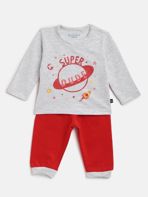 

Moms Love Boys Grey Melange & Red Printed T-shirt with Pyjamas