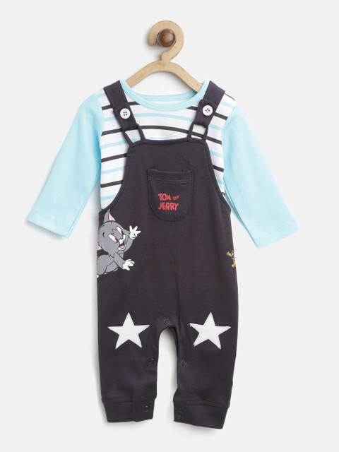 

Moms Love Boys Navy Blue & White Striped T-shirt with Dungarees