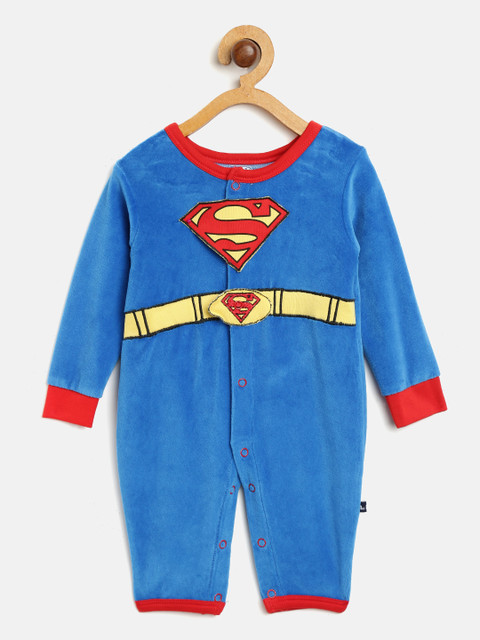 

Moms Love Boys Blue & Red Superman Rompers with Attached Cape