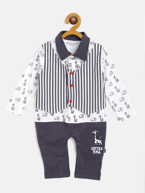 

Moms Love Infant Boys White & Navy Blue Striped Pure Cotton Rompers