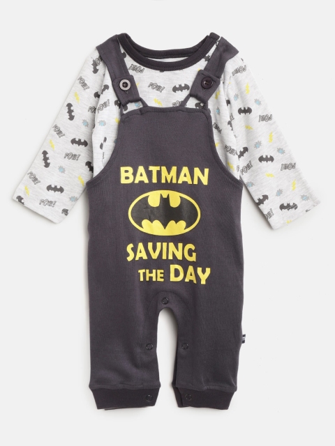 

Moms Love Boys Grey Melange & Charcoal Grey Printed T-shirt with Dungarees