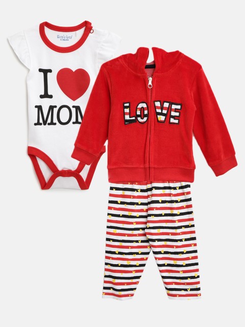 

Moms Love Girls Red & White Self-Design Sweatshirt with Pyjamas & Bodysuit