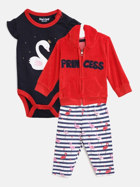 

Moms Love Girls Red & Navy Blue Self-Design Sweatshirt with Pyjamas & Bodysuit
