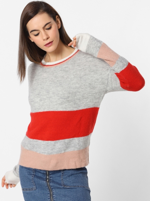 

ONLY Women Grey Melange & Red Colourblocked Sweater