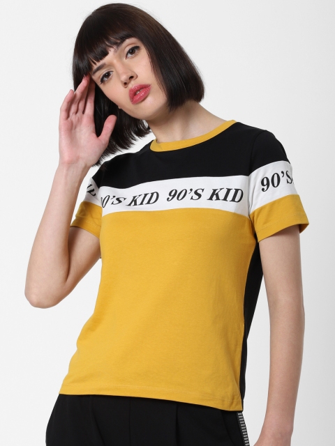 

ONLY Women Mustard Yellow Black Colourblocked Round Neck Pure Cotton T-shirt
