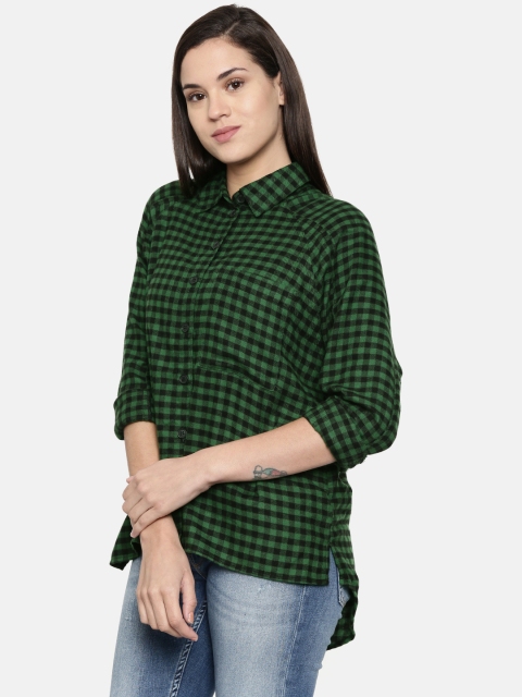 

ONLY Women Green & Black Boxy Checked Casual Shirt