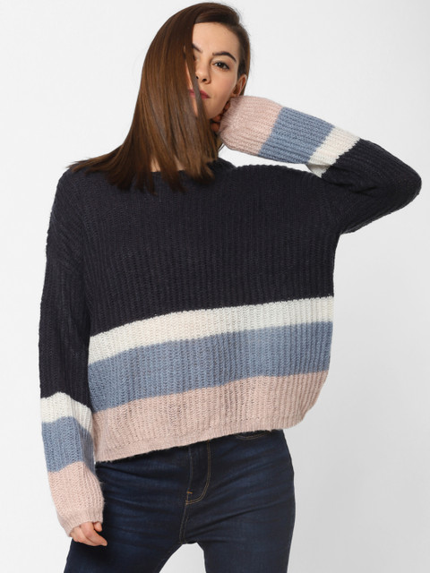 

ONLY Women Navy Blue Colourblocked Sweater