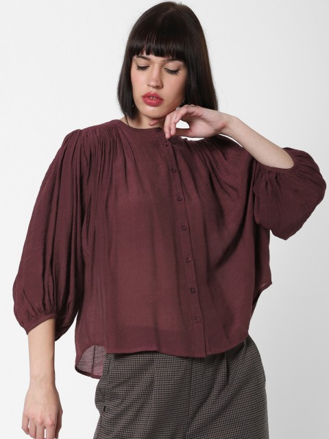 

ONLY Women Burgundy Solid Semi Sheer Boxy Top