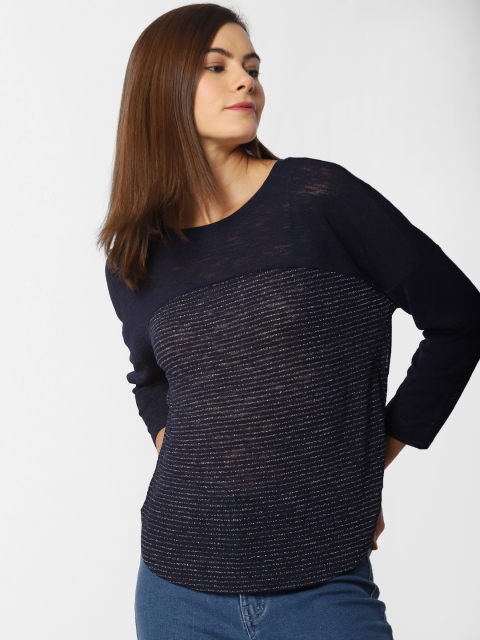 

ONLY Women Navy Blue & Silver Striped Top