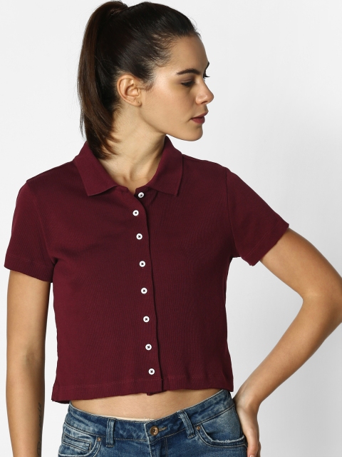 

ONLY Women Burgundy Regular Fit Solid Cropped Casual Shirt