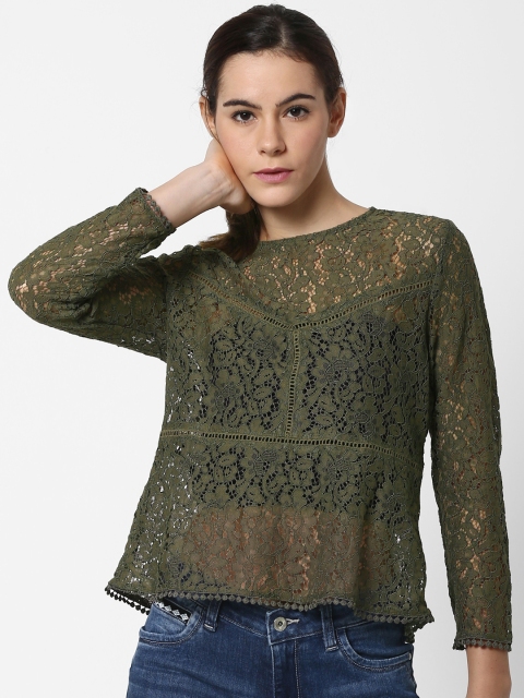 

ONLY Women Olive Green Lace Sheer Top