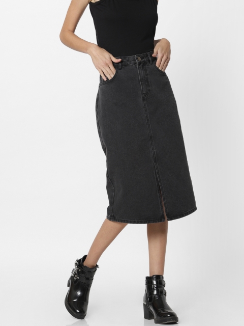

ONLY Women Black Solid Midi Straight Denim Skirt