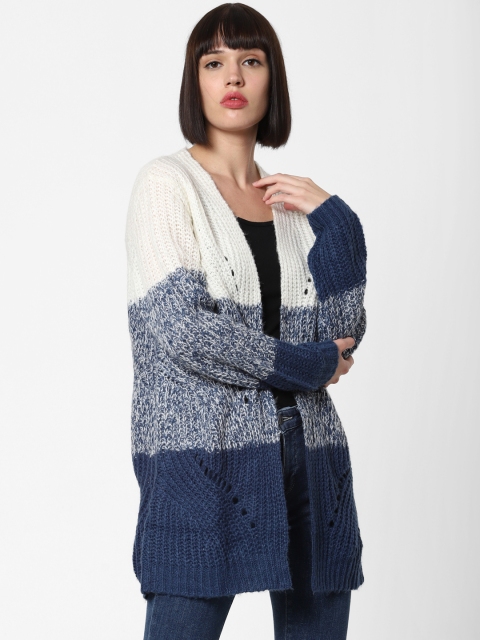 

ONLY Women Navy Blue & Off-White Colourblocked Front-Open Sweater