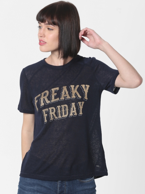 

ONLY Women Navy Blue Printed Round Neck T-shirt