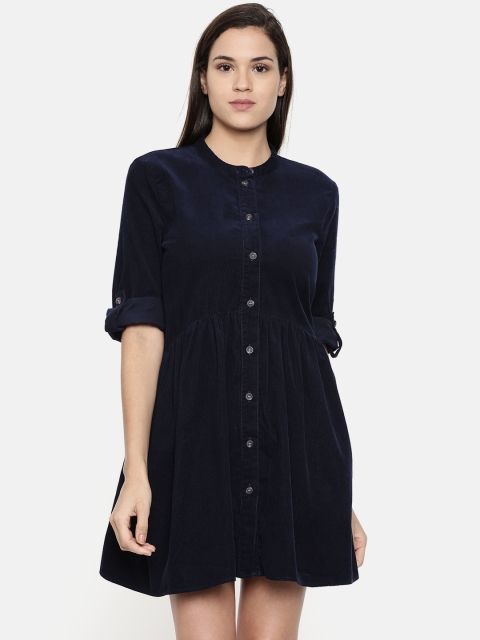 

ONLY Women Solid Blue Corduroy Shirt Dress