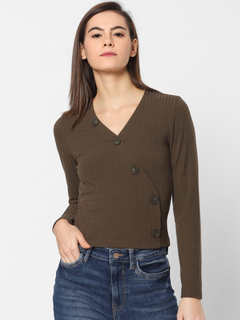 

ONLY Women Olive Green Ribbed Wrap Top