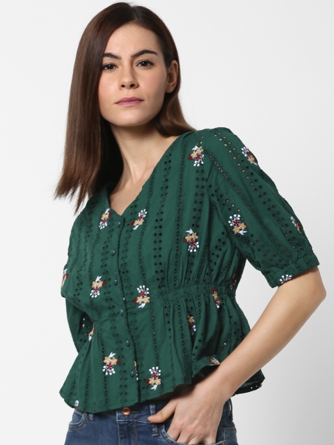 

ONLY Women Green & White Embroidered Cinched Waist Pure Cotton Top